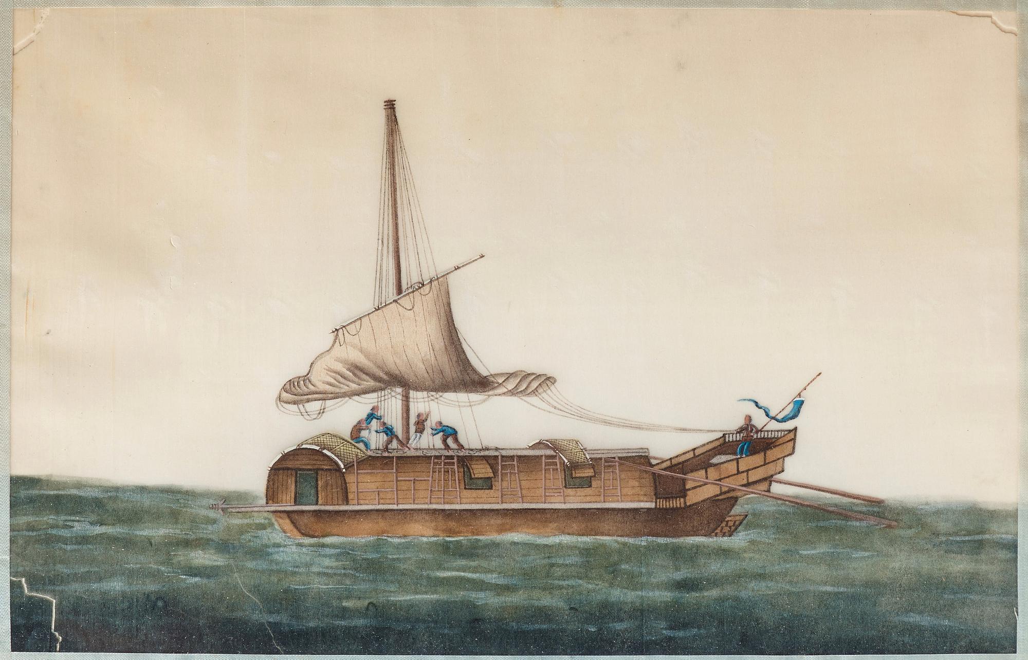 MÅLNINGAR, sex stycken, tusch och akvarell på rispapper. Kina, Qingdynastin, 1800-tal. "Djonker".
