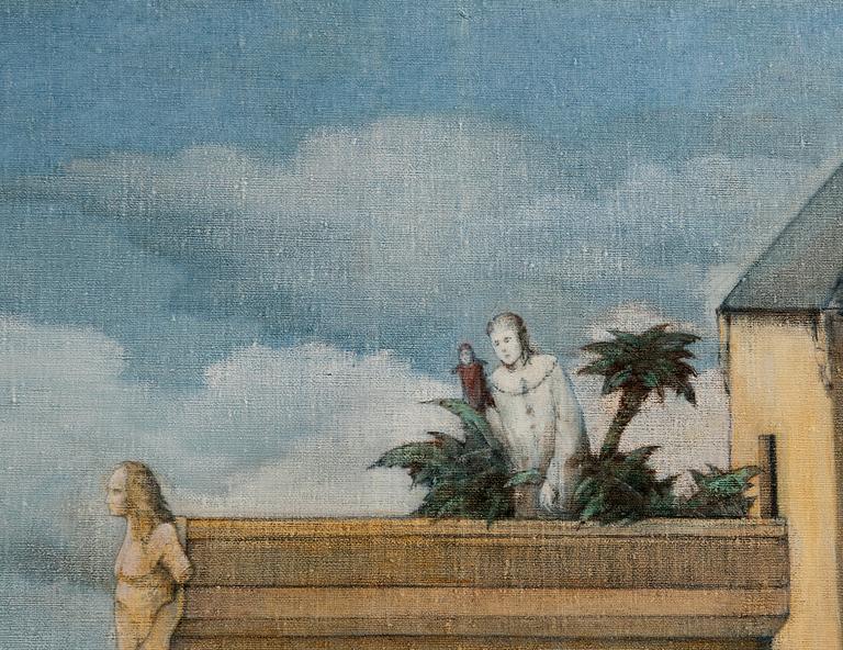 Unknown artist 20th century, Surrealist landscape with figures and buildings.