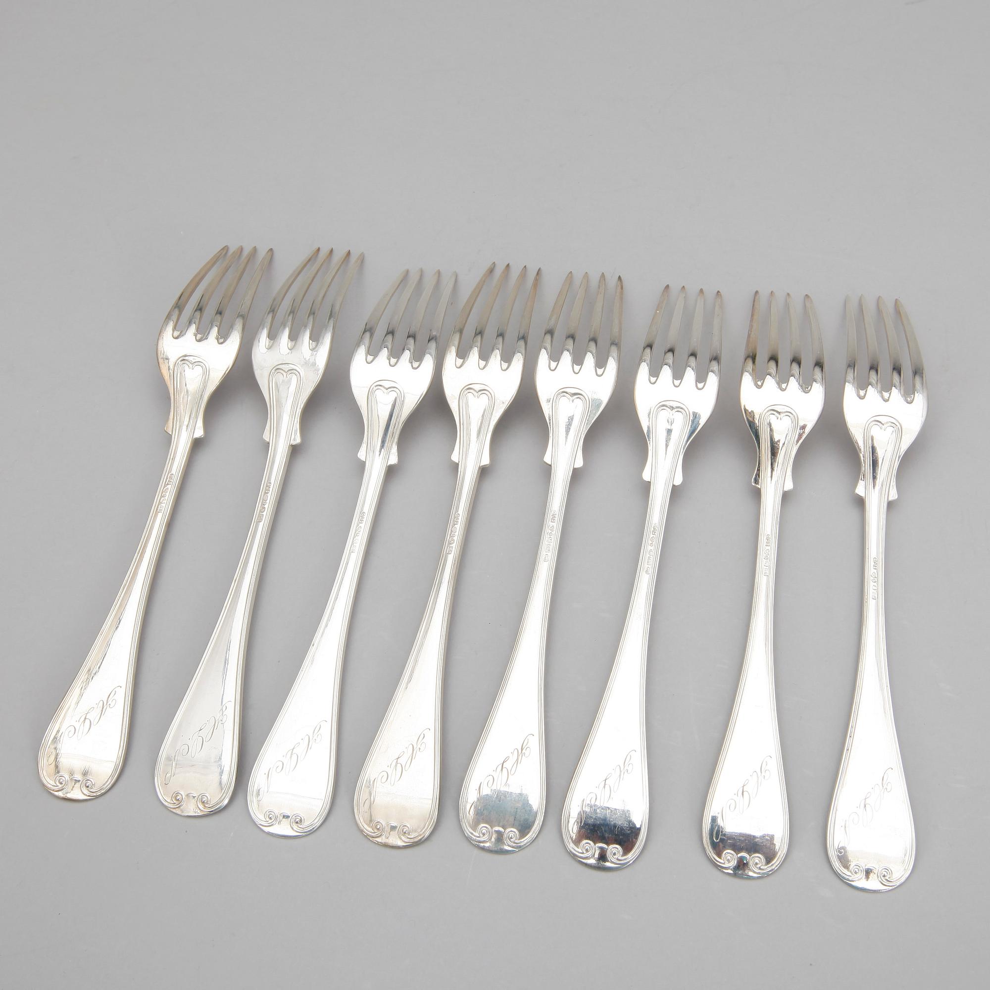 BORDSGAFFLAR,  8 st, silver, GAB, Stockholm, 1938. Totalvikt 477 gram.
