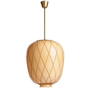 243. Harald Elof Notini, a vanilla coloured glass ceiling light with fretted rattan, Böhlmarks, Stockholm 1940's.