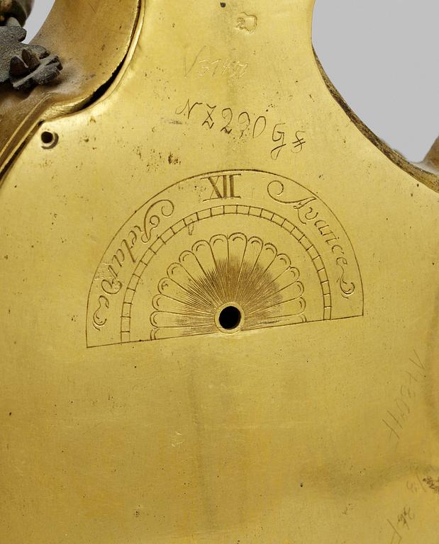 A French Louis XV 18th century table clock. Dial face marked "GOSSELIN A PARIS", clockwork marked "AUDINET A PARIS". The bronze marked with C couronné.