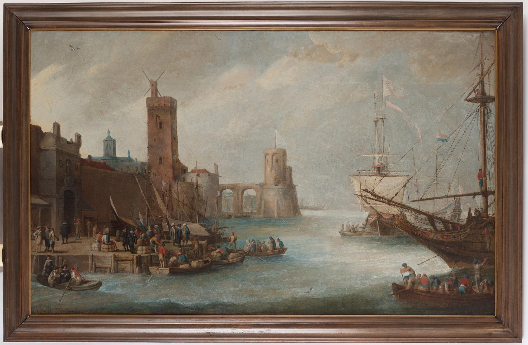 Abraham Willaerts Attributed to, Coastal Landscape with numerous Ships and Figures on the Shore.