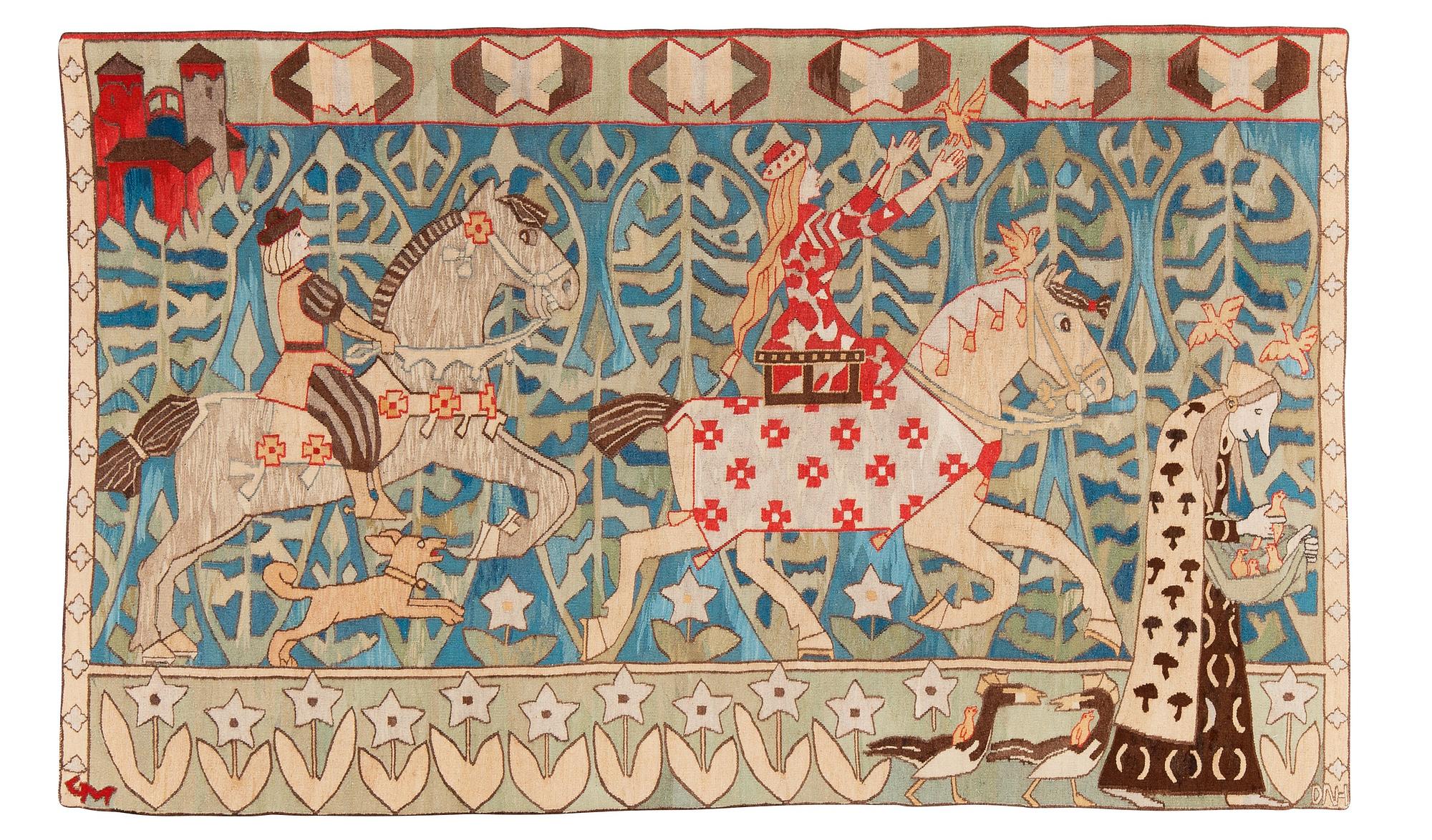 VÄVD TAPET. "Prinsessen og gullfuglene". Gobelängteknik. 141,5 x 231 cm. Signerad GM DNH (Gerhard Munthe, Den Norske Husflidsforening).