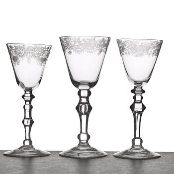 A set of three wine glasses, 18th Century.