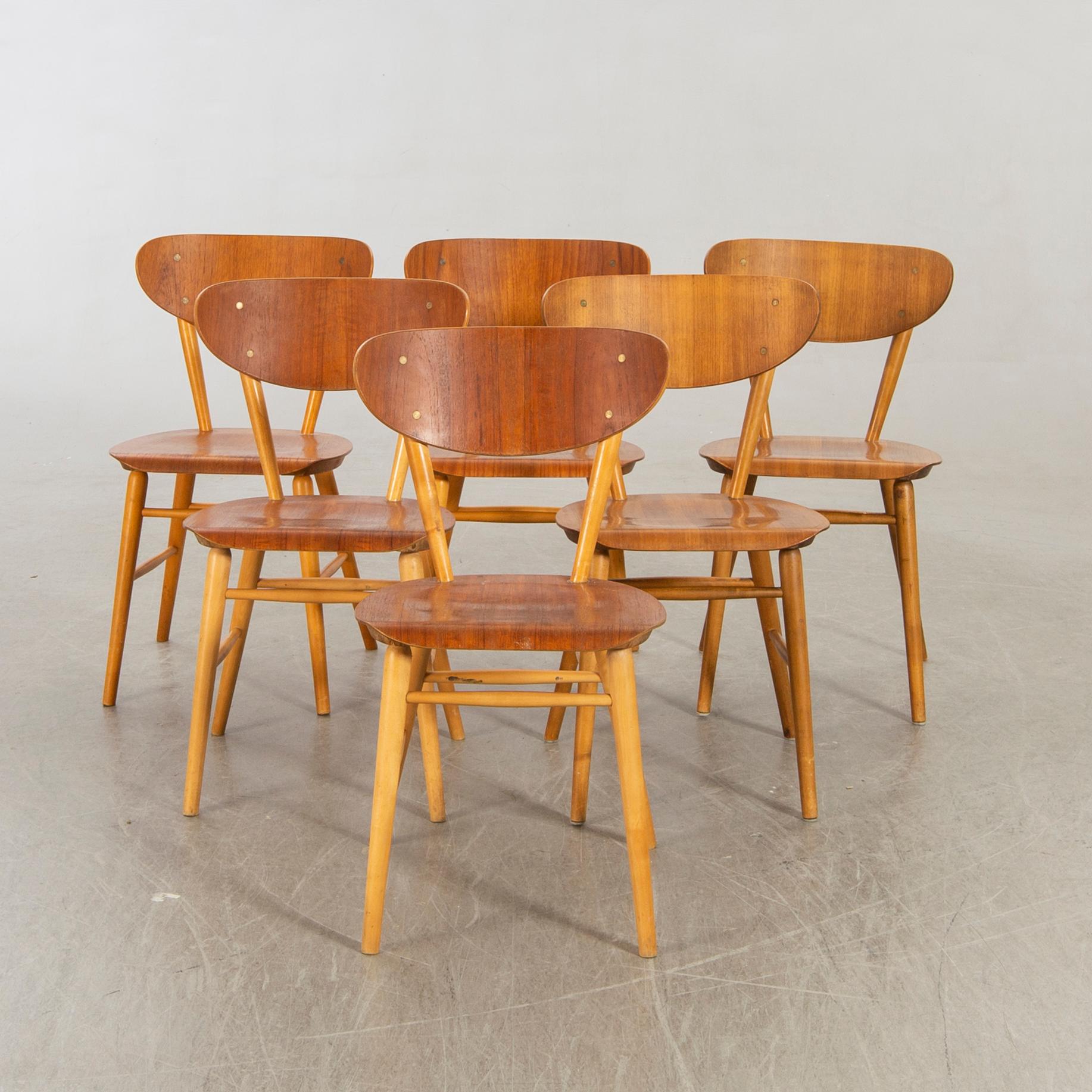 Stolar, teak och bok, 6 st, 1950-60-tal.
