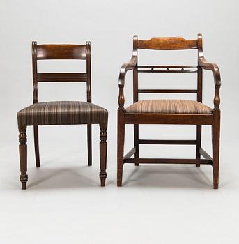 Matbord och 8 stolar, mahogny, tageltyg, England, 1900-talets första hälft.
