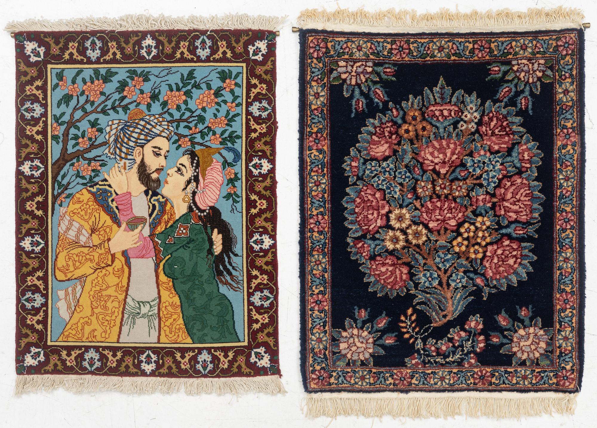 Two rugs, a figural Tabriz, c. 62 x 47 cm, & a Kerman, c. 64 x 51 cm.