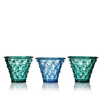 Simon Gate, a set of three pressed glass vases, Orrefors 1930.