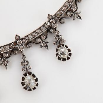 Collier 14K guld och silver med rosenslipade diamanter, 1800-tal.
