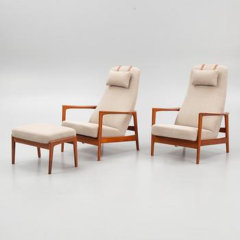 Folke Ohlsson, a pair of "Duxiesta" armchairs with an ottoman, Dux, Sweden, 1960's.