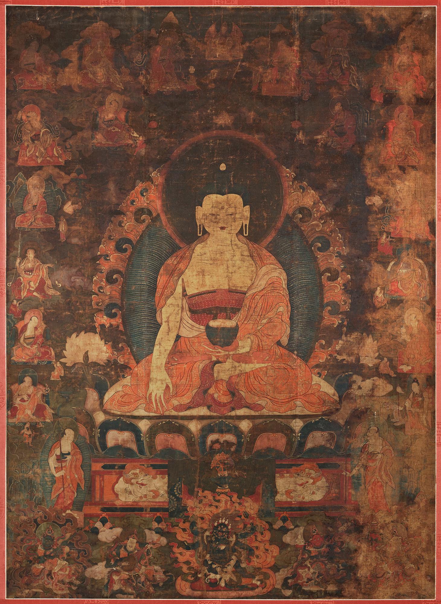 A Tibetan thangka of Shakyamuni Buddha with the eighteen  arhats, 18th century.