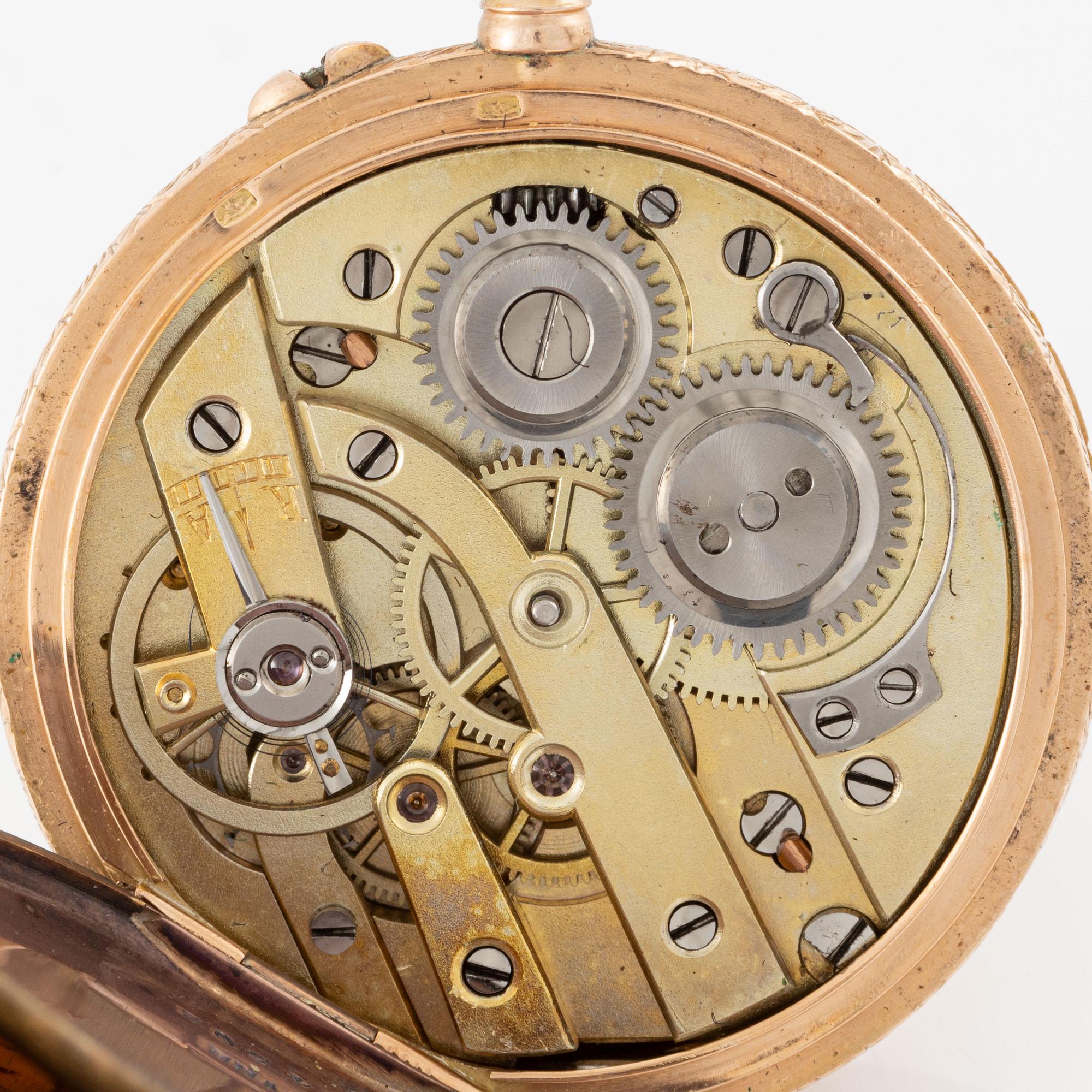 Pocket watch, half hunter, 14K gold, 32.5 mm.