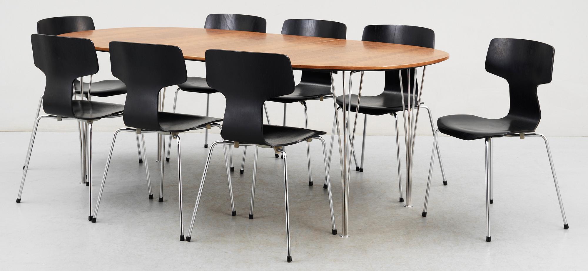 MATBORD SAMT 8 STOLAR, Fritz Hansen Piet hein, Bruno Mathsson resp Arne Jacobsen, Fritz Hansen, 3103 T-chair.