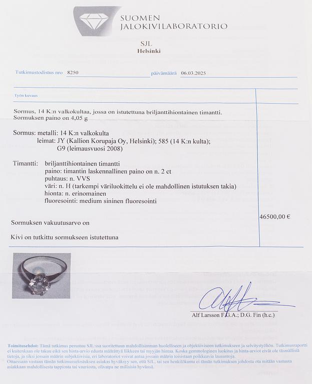 Ring, briljantslipad diamant, 14K vitguld, Kallion Korupaja, Helsingfors 2008.
