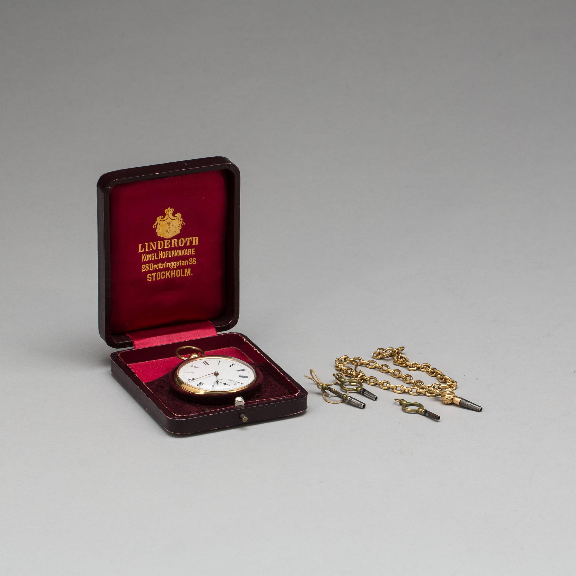 FICKUR, guld 18K, Schweiz, Linderoth Stockholm omkring 1890. Totalvikt 69 gram.