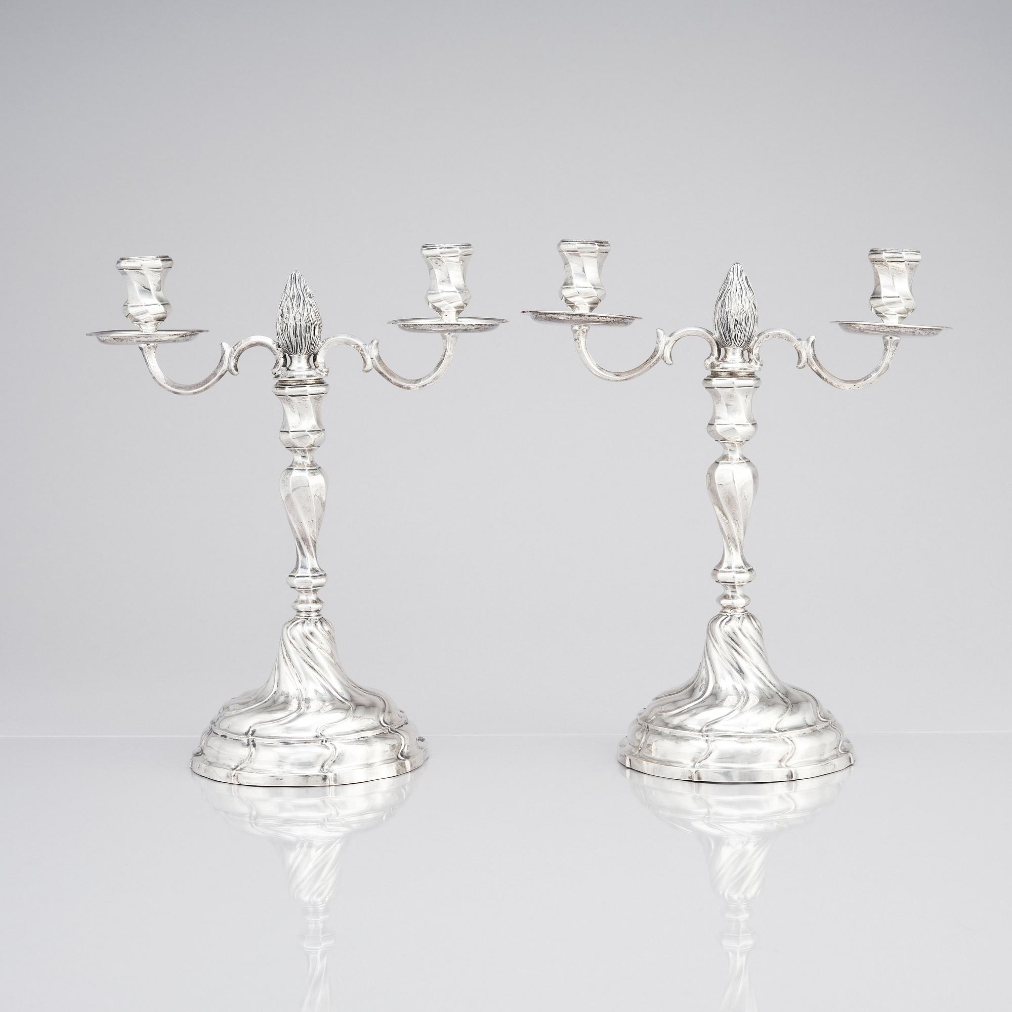 A pair of Swedish 18th century silver candelabra, marks of Lars Holmström, Lund 1772.