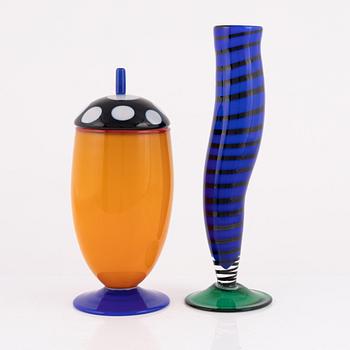 Gunnel Sahlin, a 'Mambo' glass vase from the 'Latin Love' series and a unique lidded urn, Kosta Boda, Sweden.