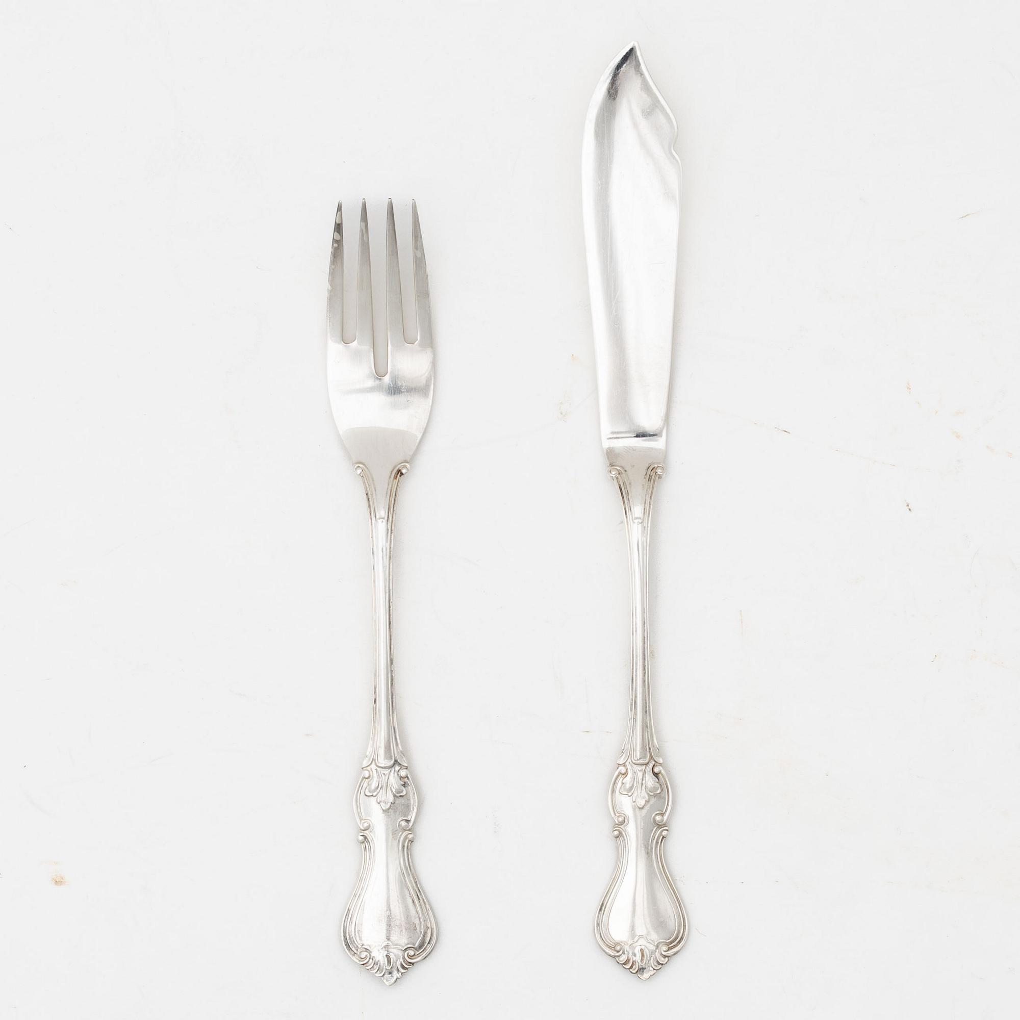 A 36-piece set of silver fish cutlery, model 'Olga', CG Hallberg, Stockholm, 1926-39.