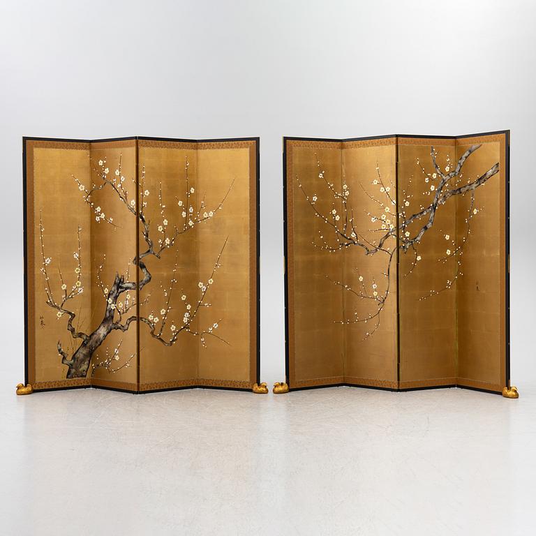 A pair of Japanese folding screens, signed, 20th century.