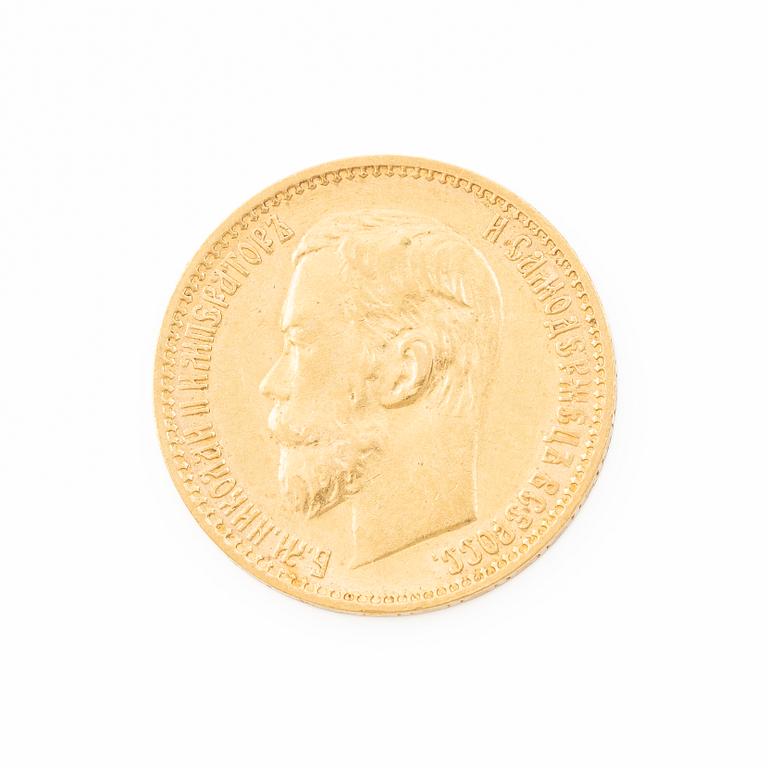 Gold coin, Nicholas II, Russia, 5 Rubles, 1898.