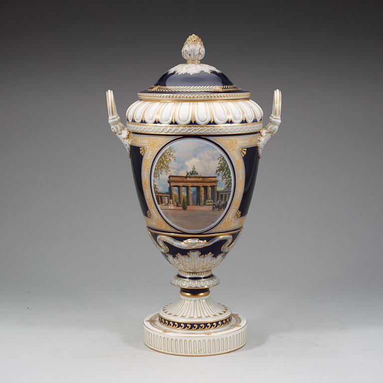 A large Berlin vase with cover, 19th Century.