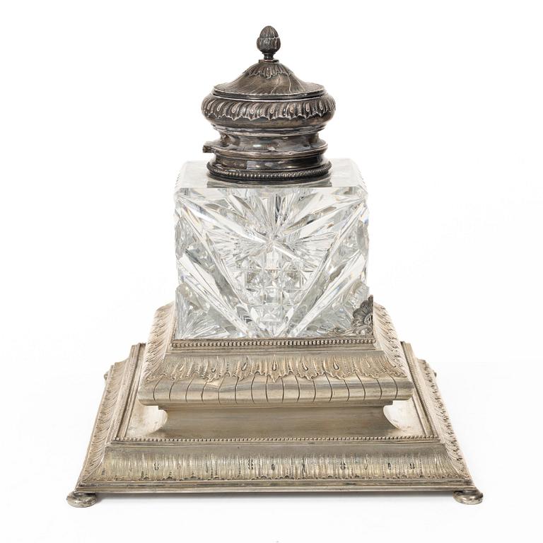 A Russian inkwell, silver and glass, Morozov, St. Petersburg, Russia, turn of the 20th century.