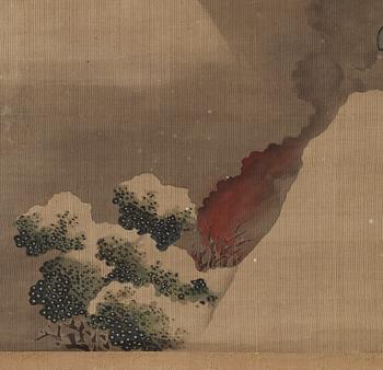 Katsushika Hokusai Hans skola, RULLMÅLNING, föreställande man med gevär i snötäckt bergslandskap.