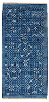 190. Barbro Nilsson, A CARPET, "Bankrabatten blå", knotted pile, ca 235,5 x 111 cm, signed AB MMF BN.