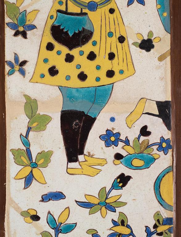 A glazed earthenware tile, Qajar dynasty Persia (Iran), 19th century. Man in yellow coat. Framed. Total dimensions 76 x 30 cm.