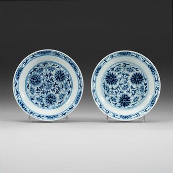 138. A pair of blue and white lotus dishes, Qing dynasty, Guangxu mark and of period (1874-1908).