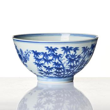 A blue and white 'three friends of winter' bowl, Qing dynasty, Guangxu mark and of the period (1875-1908).