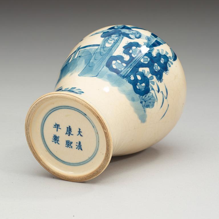 A blue and white soft paste meiping vase, late Qing dynasty (1644-1912), with Kangxi six character mark.