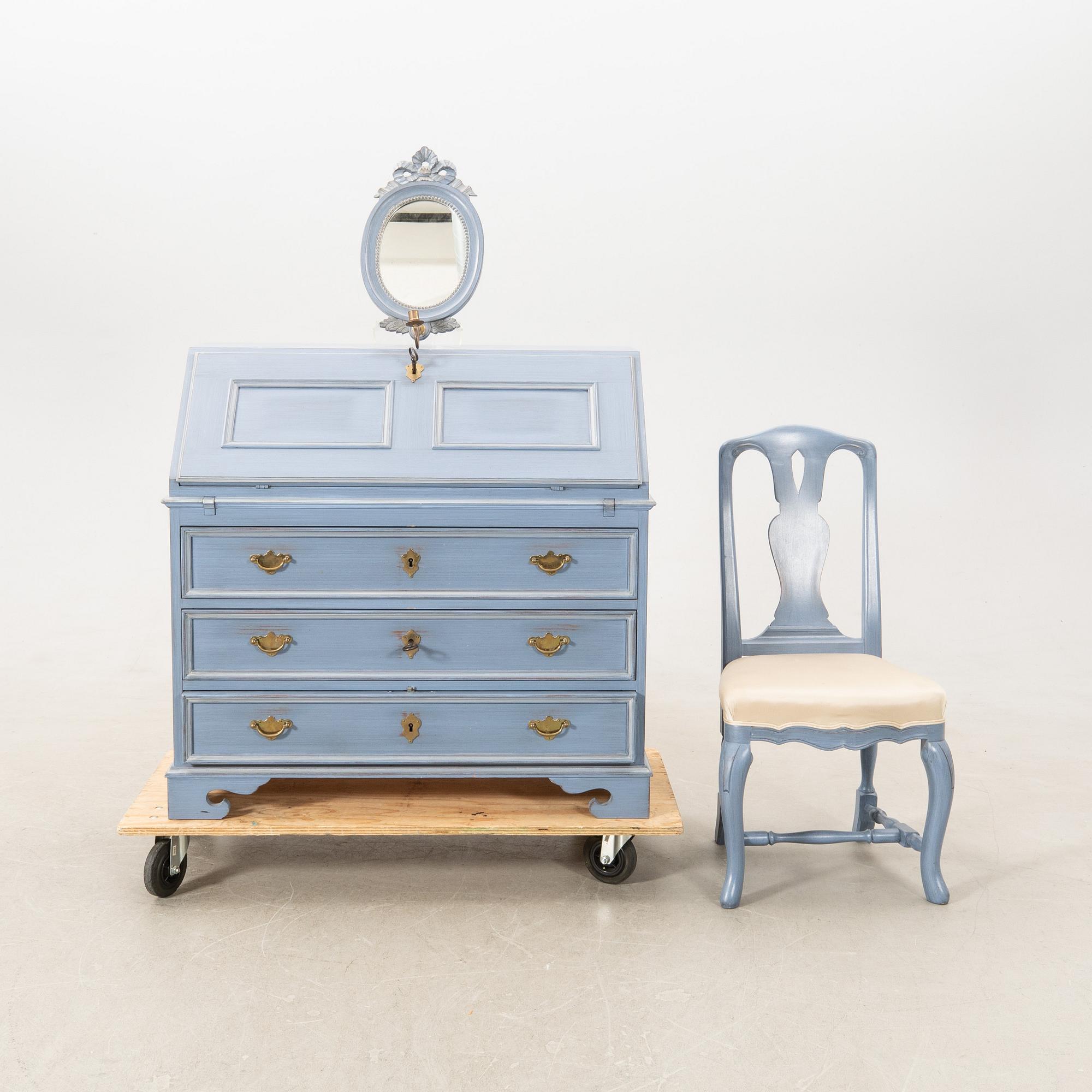 Writing desk as well as a wall-mounted lamp and chair, 18th-century model, KA Roos, Helsingborg, later part of the 20th century.