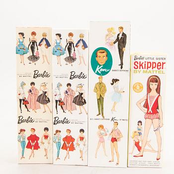 Dockor 4 st samt litteratur Barbie, Ken och Skipper Mattel 1960-tal.