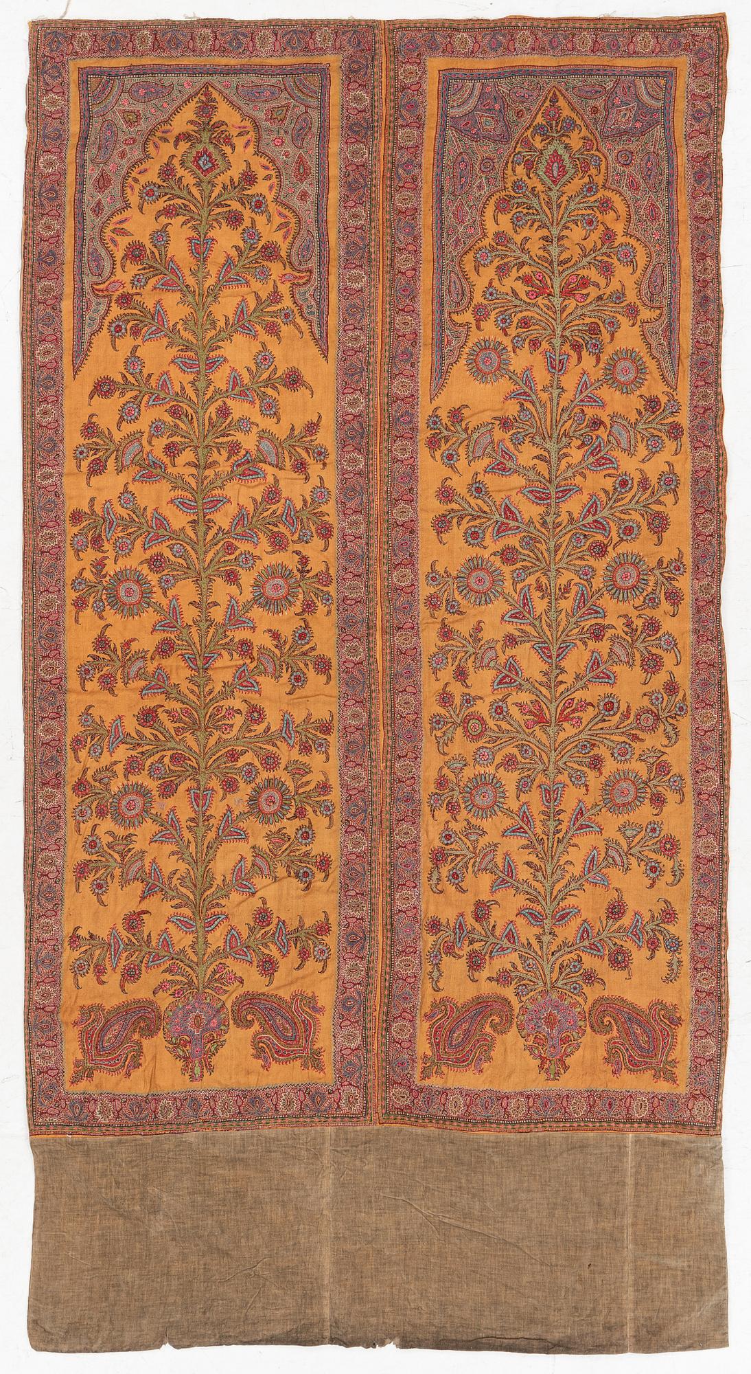Embroidery, a pair, semi-antique Pateh Kirman, approx. 122 x 190 cm in total.