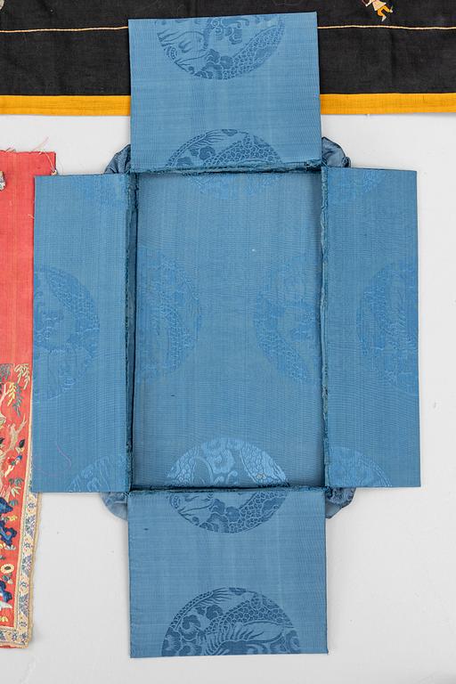 A group lot of embroidered silk textiles and a silk sowing purse, late Qing dynasty/early 20th century.