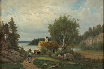 Carl August Fahlgren, Lakeside Landscape with a Wandering Woman.