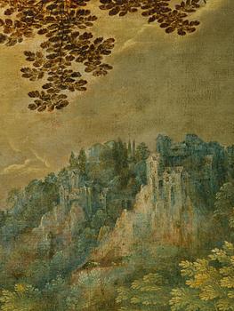 Flemish school, 16th/17th century in the manner of Anton Mirou, Landscape with figure staffage by a village.