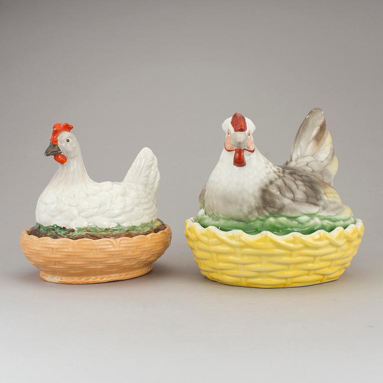 Two hen-shaped egg baskets one manufactured by Rörstrand.