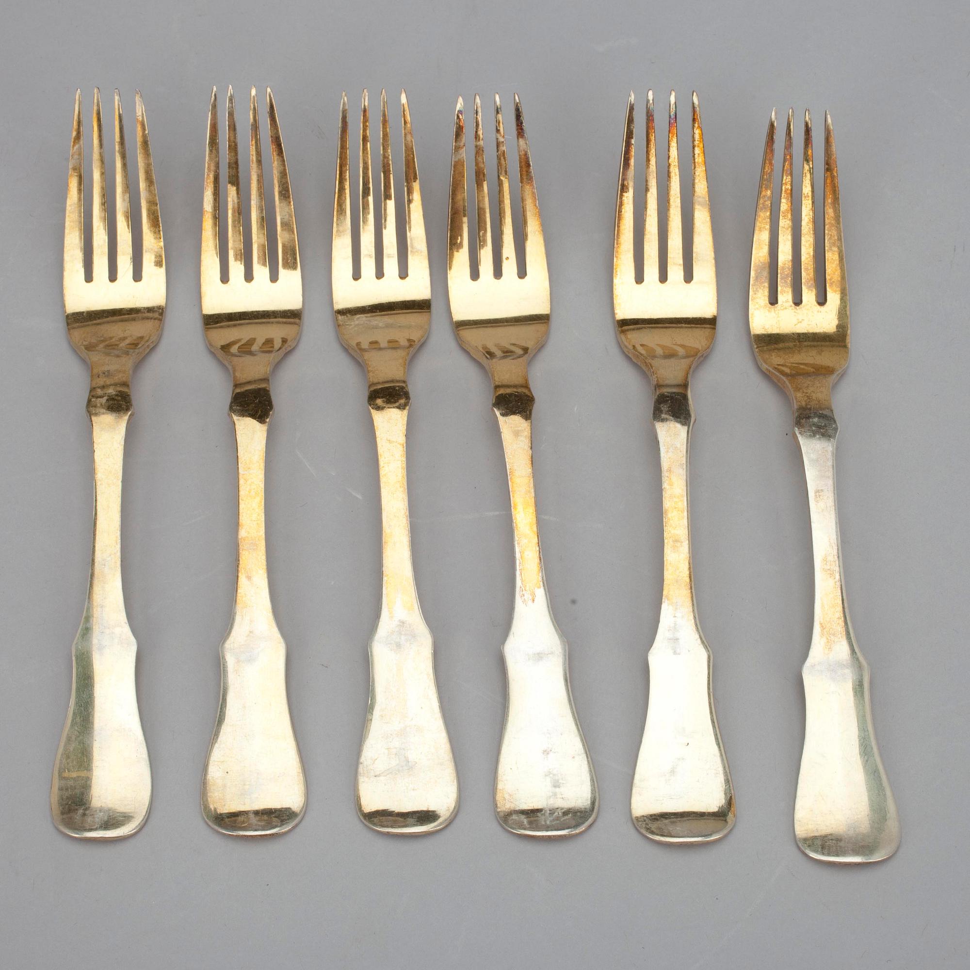 GAFFLAR, 6 st, förgyllt silver, Ryssland, Moskva 1867. Vikt 339 g.