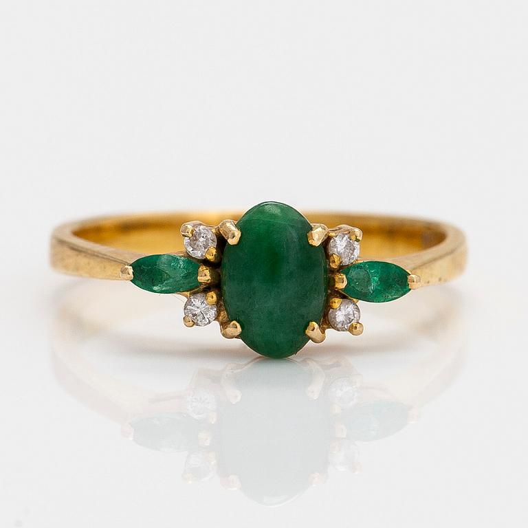 Earrings and ring, 18K gold with jadeite, emeralds, and small diamonds.