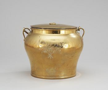197. A Skultuna brass pot with cover, dated 1860.