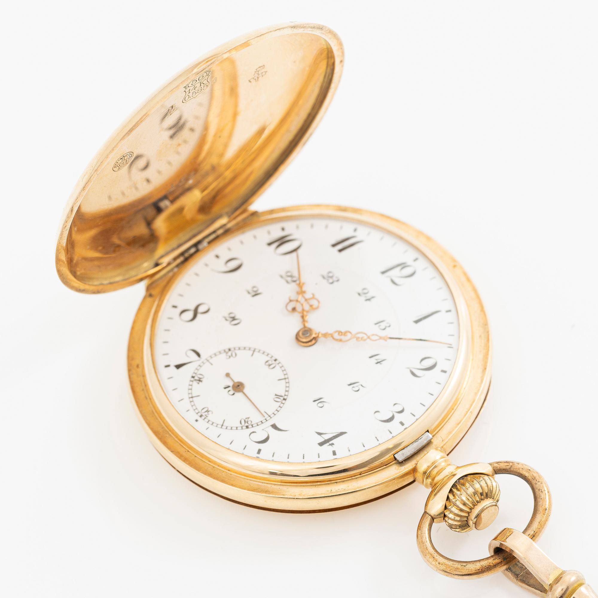 Pocket watch, 14K gold, hunter case, 49.5 mm, with chain.