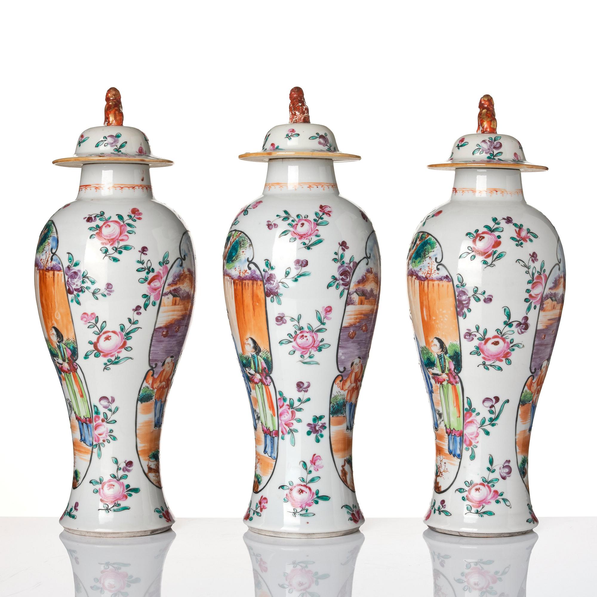 A three-piece famille rose garniture, Qing dynasty, Qianlong (1736-95).