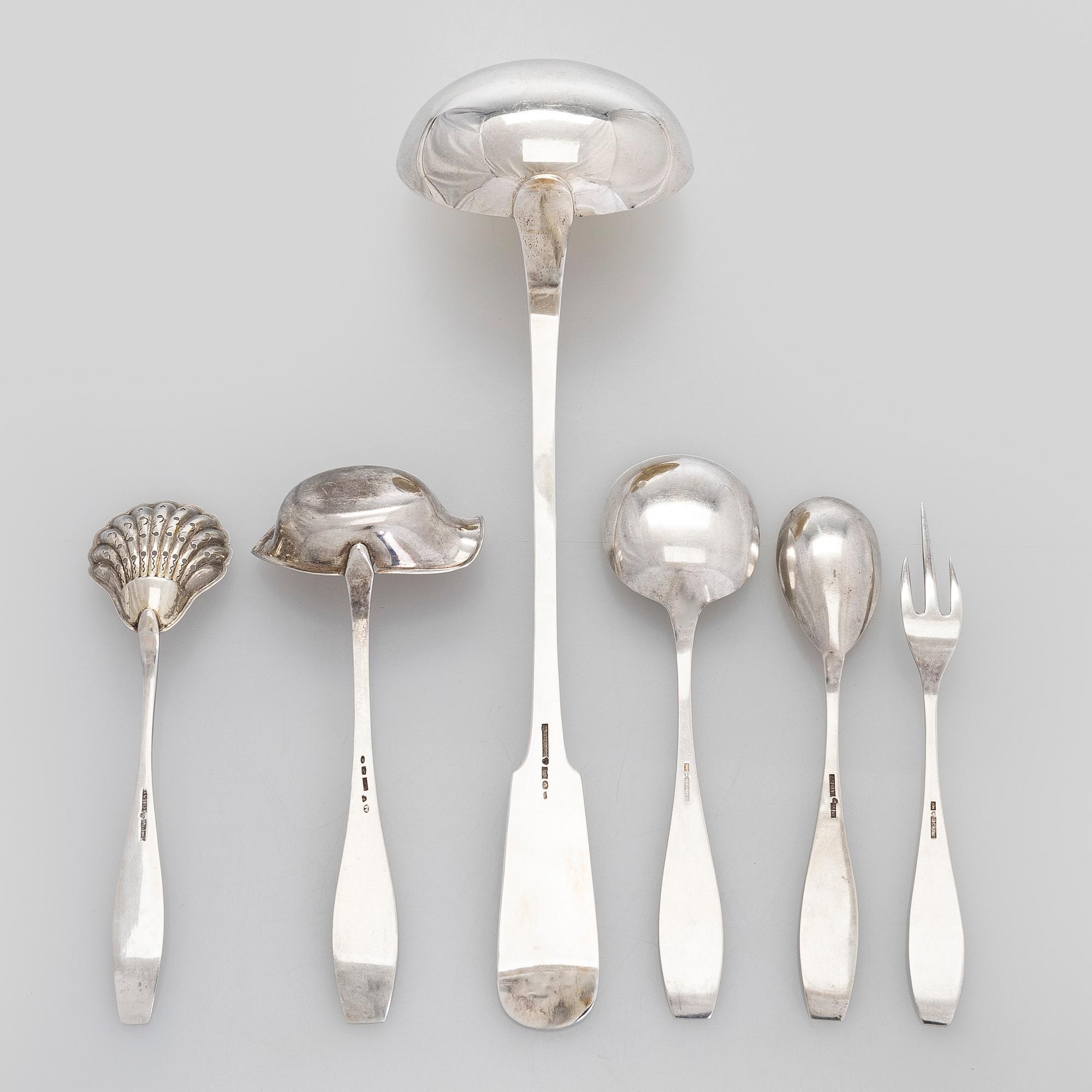 Six silver serving utensils, Finland 1916-1953.