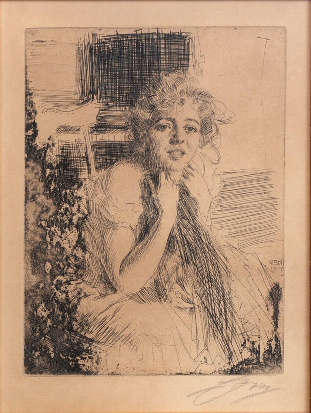 Anders Zorn, etsning 1904, signerad.