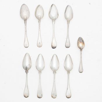 Nine Swedish silver spoons, 1843–1915.
