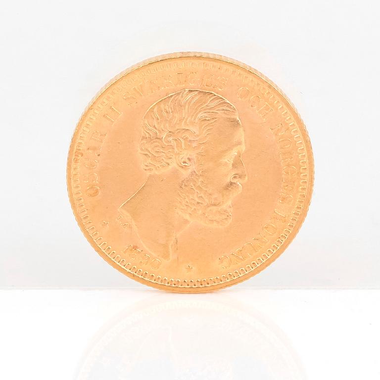 GULDMYNT, 20 kronor, Oscar II av Sverige och Norge 1890. Vikt ca 9 gram.