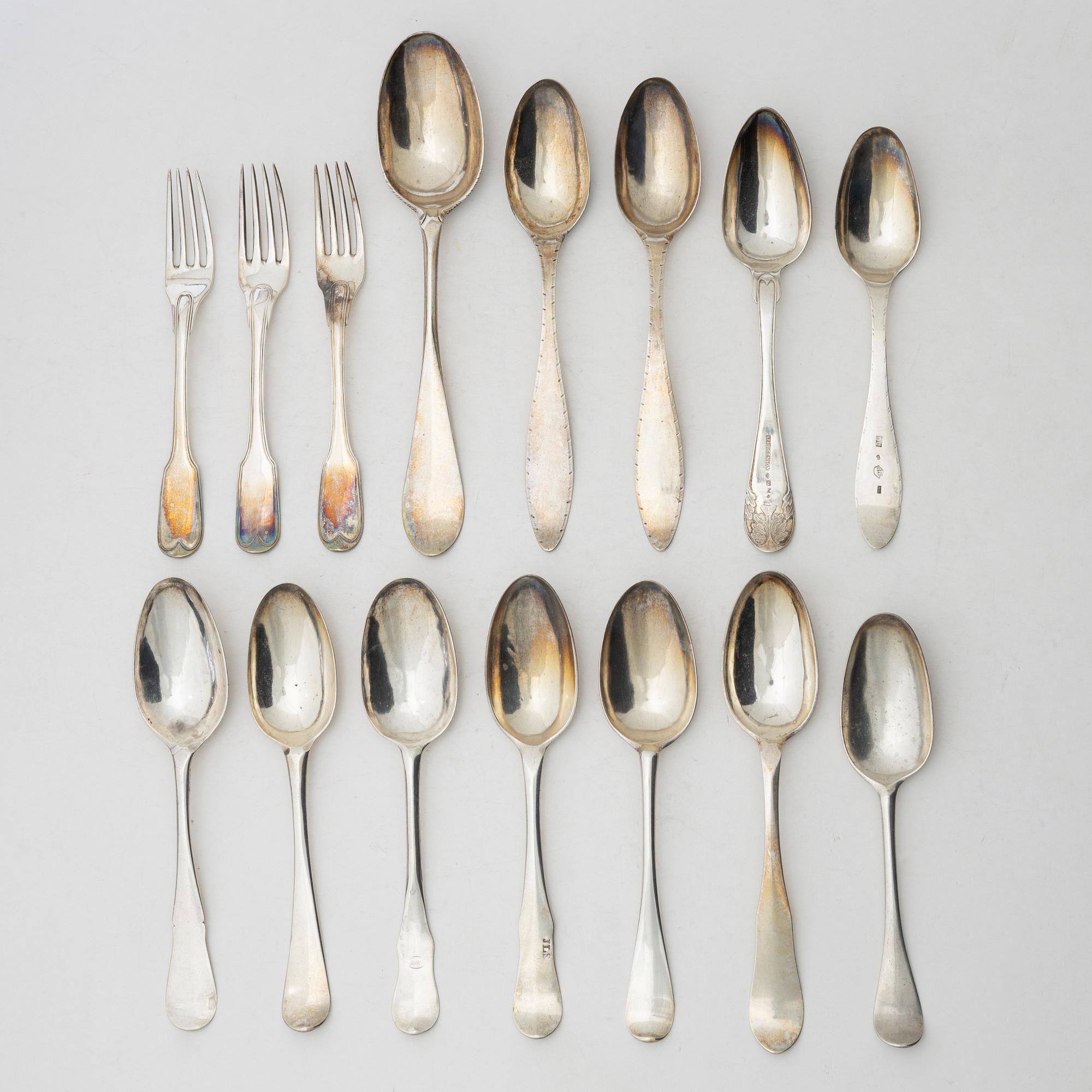 14 pieces of older silver spoons and forks, Sweden, 18th & 19th century.