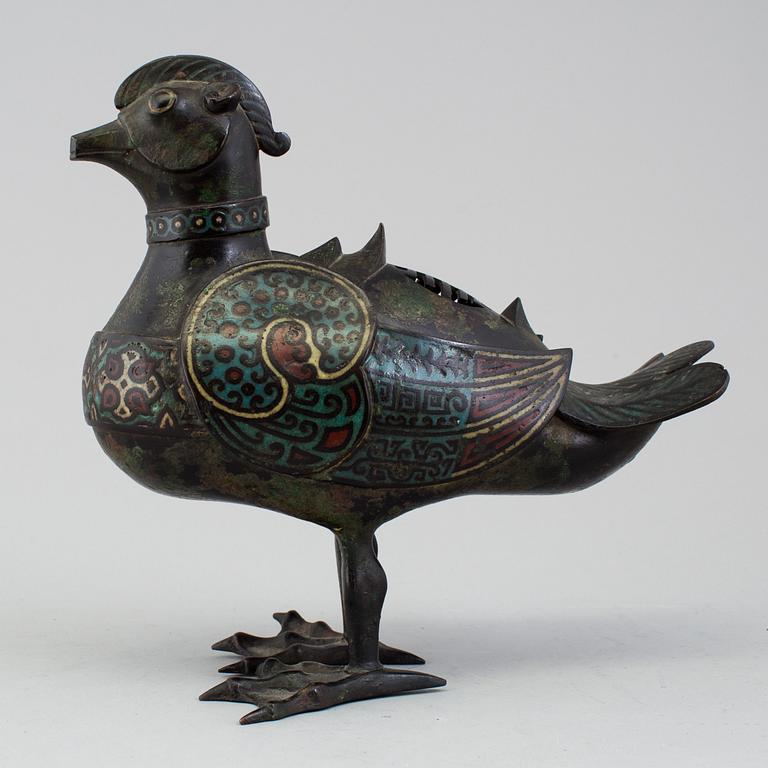 A Japanese bronze and cloisonné censer in the shape of a bird, 20th Century.